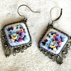 Porcelain and Silver Handpainted Floral  Earrings
